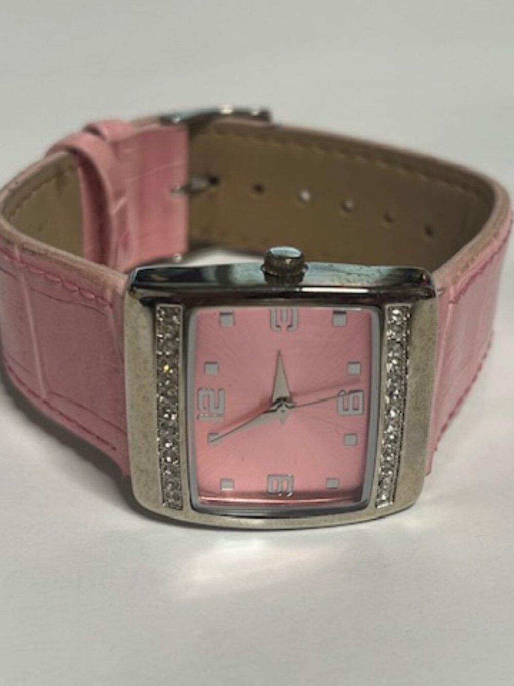Mary Kay Pink Ladies' Watch Rhinestones Square Face Silver Tone Textured Band